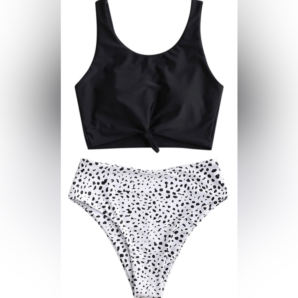 High Waisted Tankini Scoop Neck Knotted Two Pieces Tankini Set Swimsuit